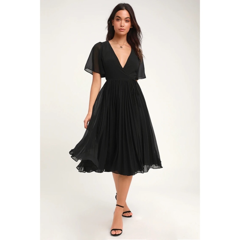 Pleats to Meet You Black Pleated Midi Wrap Dress